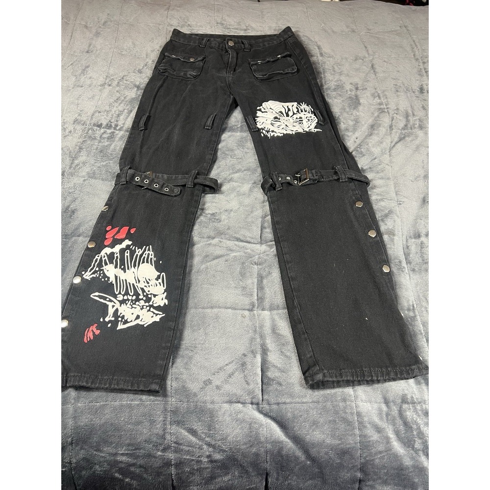 SLP Jeans Womens Black Dark Street Print Gothic Punk‎ Metal Distressed Pant Sz M - Picture 2 of 15